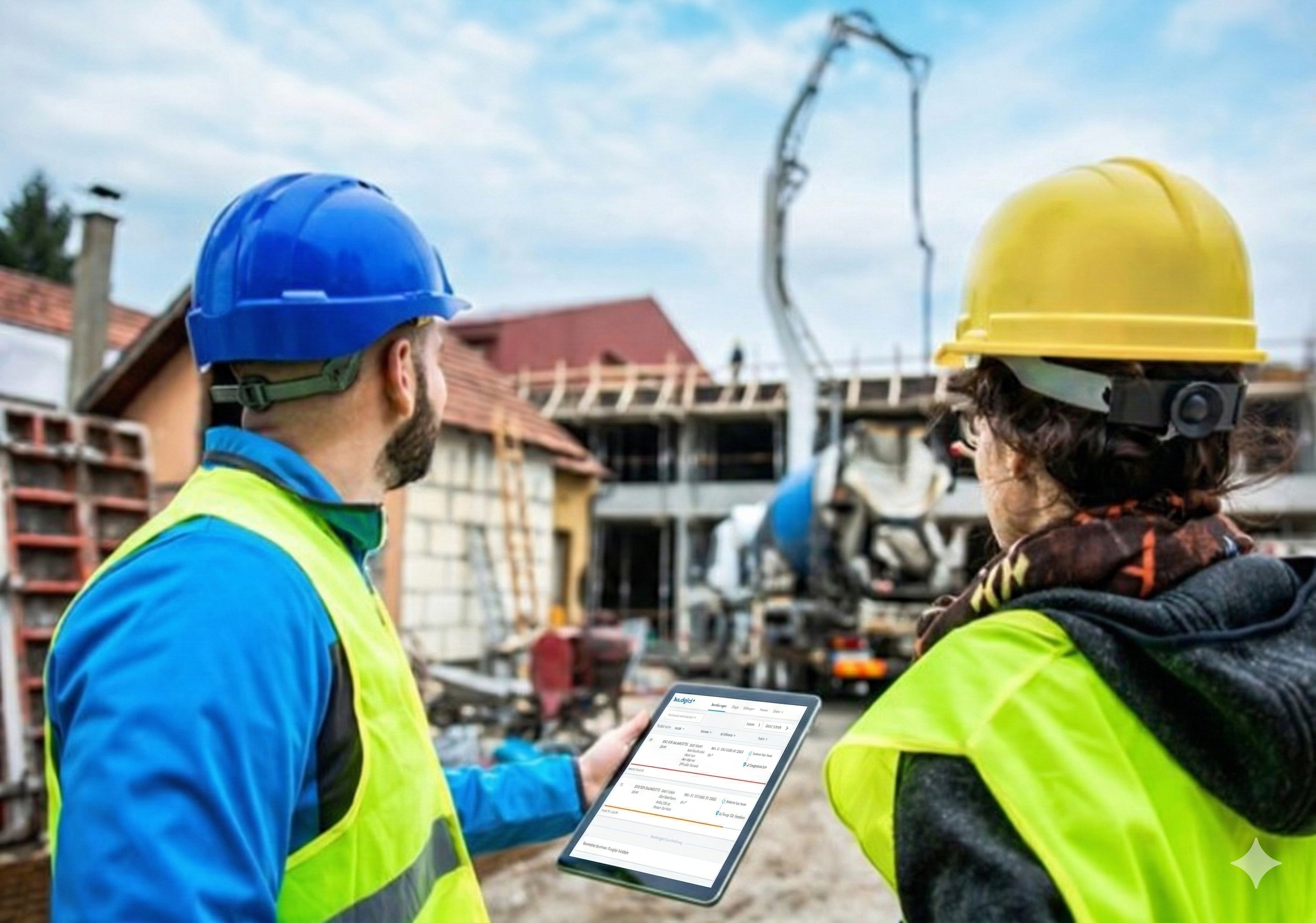 Polier mit Tablet auf der Baustelle